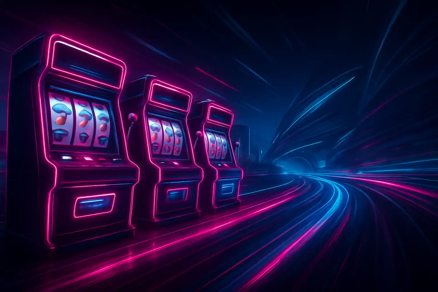 Illuminated slot machines racing down a neon velocity track at SpinyRush Casino