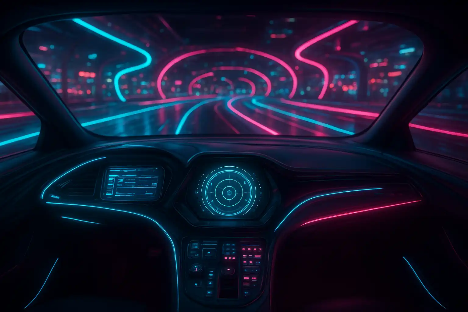 Cockpit-style view of a casino dashboard with neon race track lighting at SpinyRush