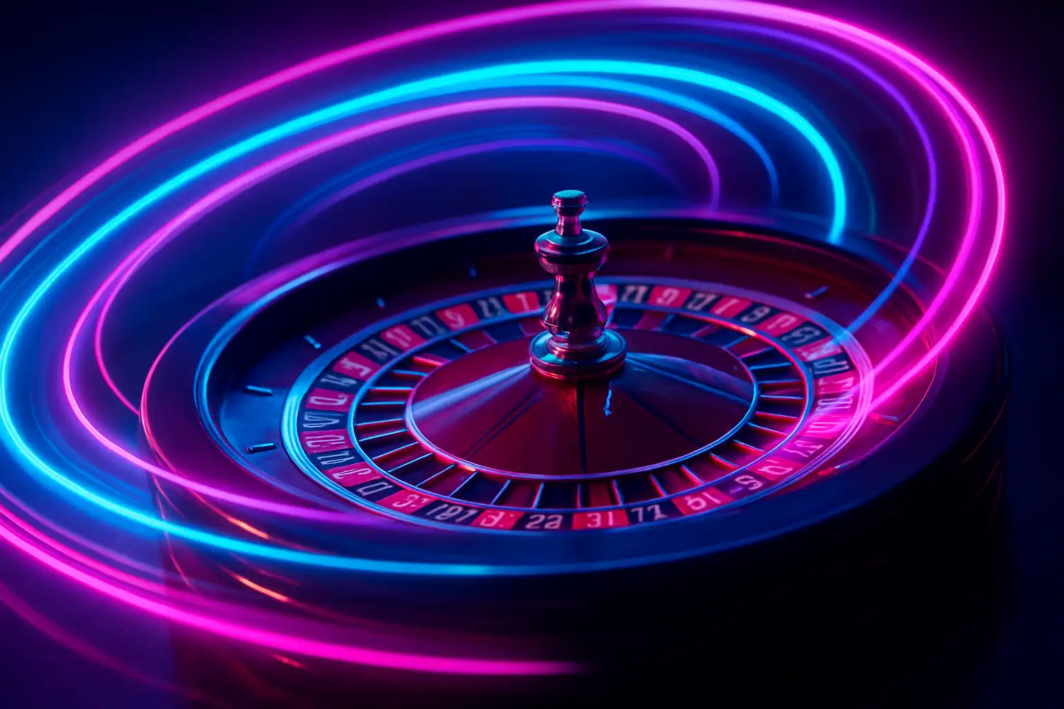 Roulette wheel glowing with neon track lighting at SpinyRush Casino